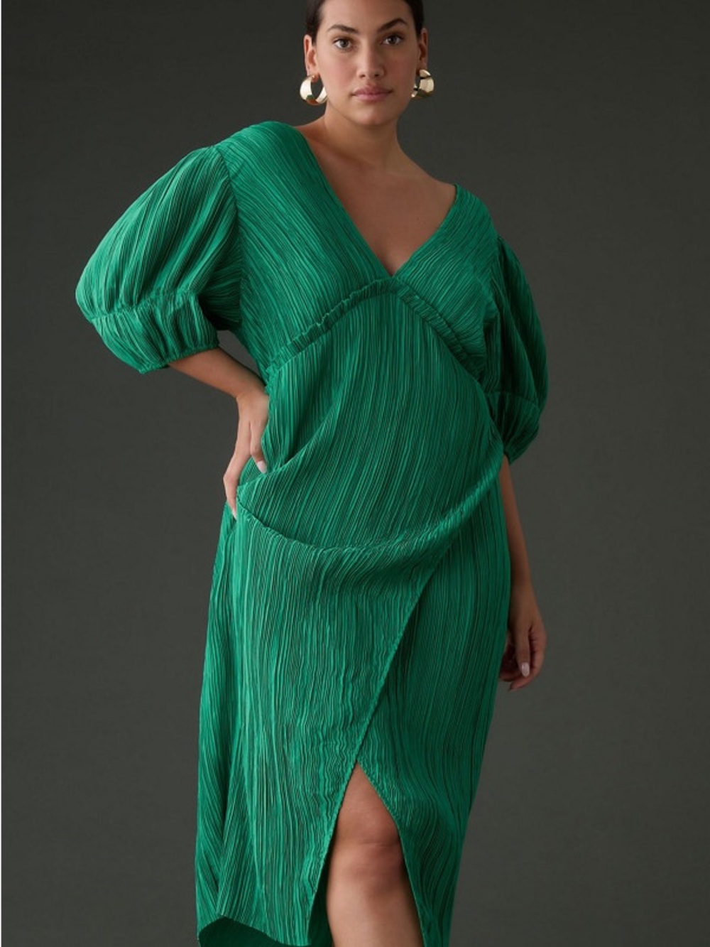 Anthropologie Green V-Neck Pleated Slim Midi Dress